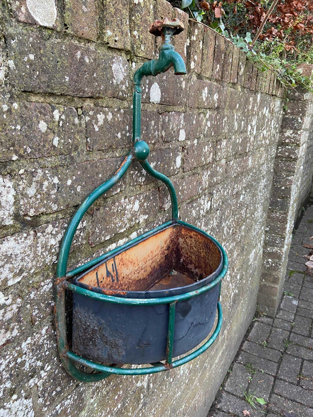 Unique Vintage Planter   Fire Hose Tap And Metal Basket   Wall Plant Basket, Outdoor Planter, Plant Pot photo for sale