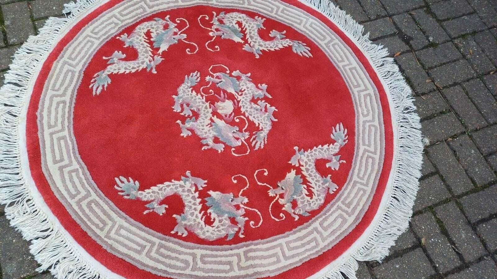 Vintage Round Chinese Woollen Red Rug, Dragons, Oriental Pattern And Fringe, Good Condition 144cm Diameter photo for sale