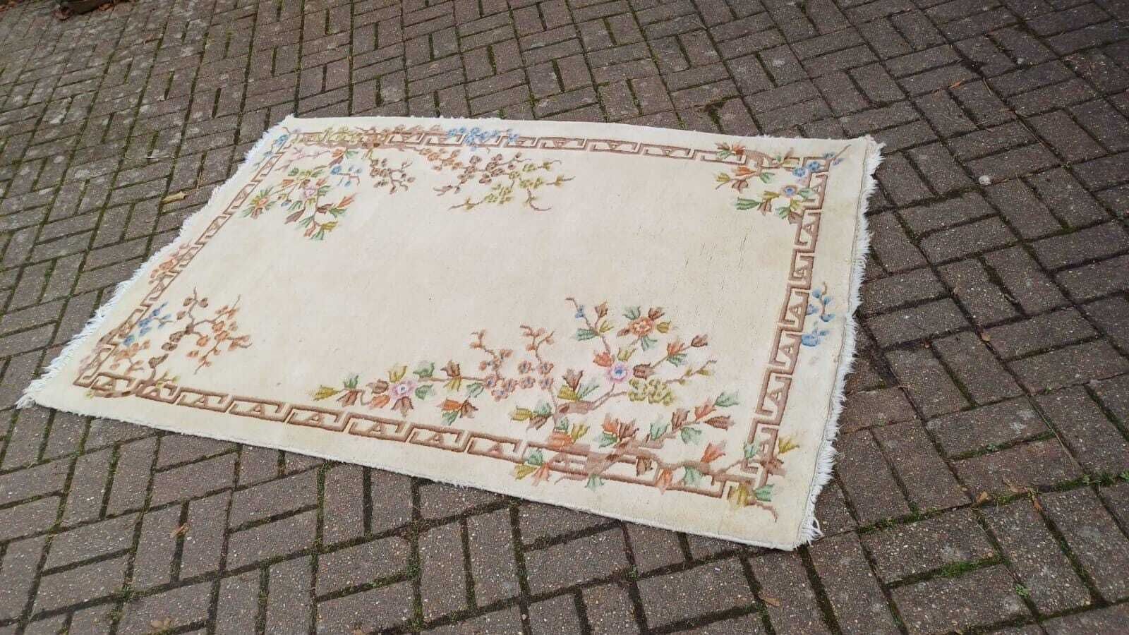Cream Thick Wool Vintage Rug With Floral Detail   1970s/80s, Vgc 194cm X 122cm photo furniture