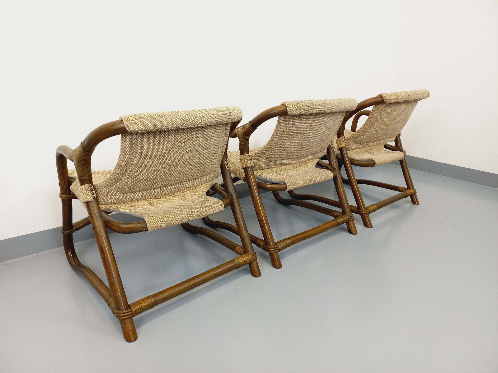 photo for sale 3 Danish Armchairs From Horsnæs Møbelfabrik In Rattan And Fabric