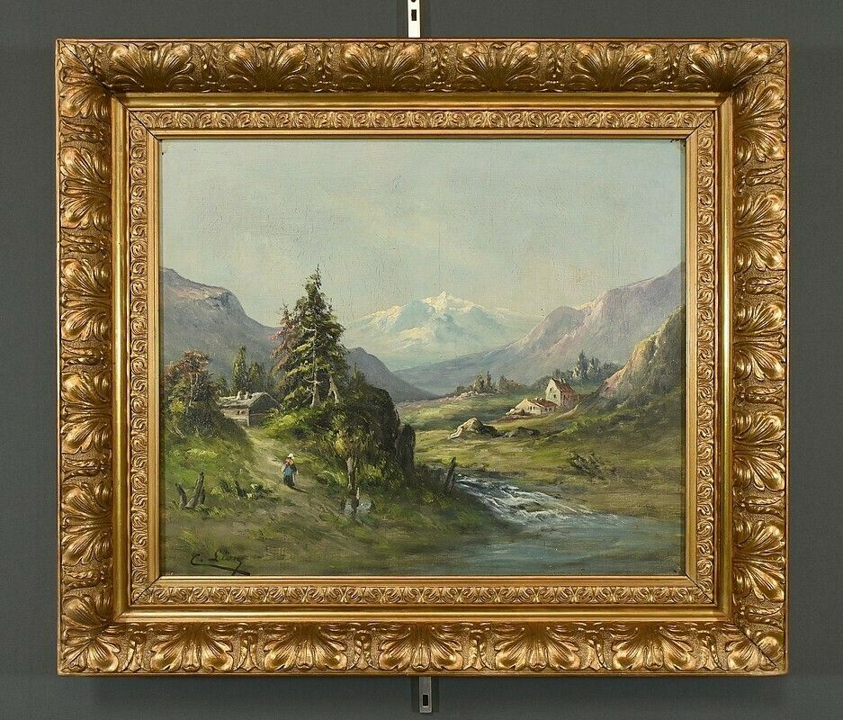 Oil On Canvas “Mountain Landscape” Signed C. Lion – Late 19th Century photo Art