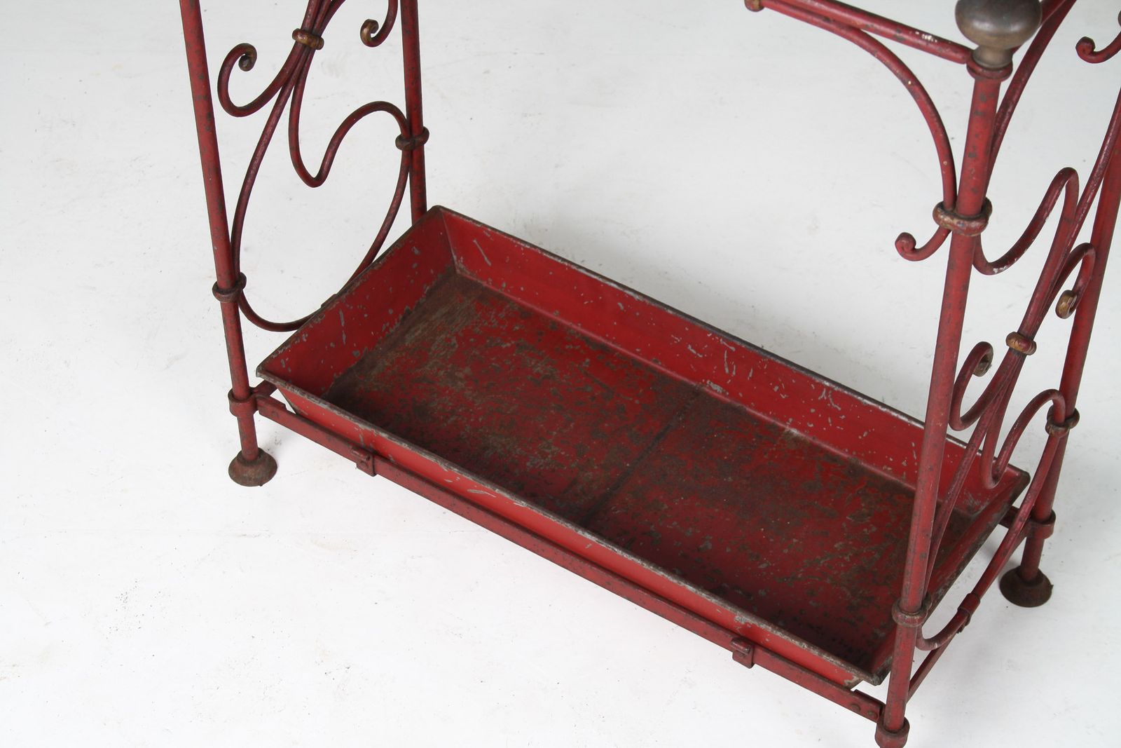 photo for sale Decorative French Parisian Chic Antique Wrought Iron Red Painted Umbrella Stick Stand