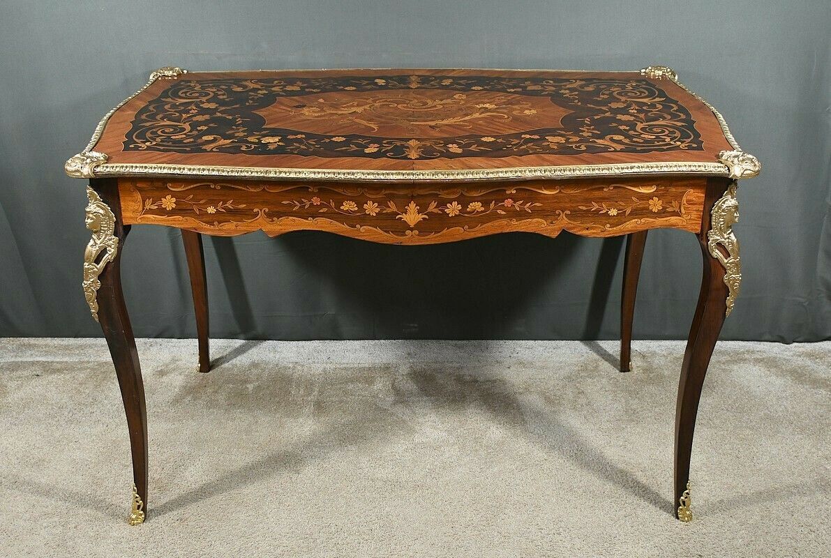 Rosewood And Marquetry Desk Table, Napoleon III Period – 2nd Part Of The 19th Century