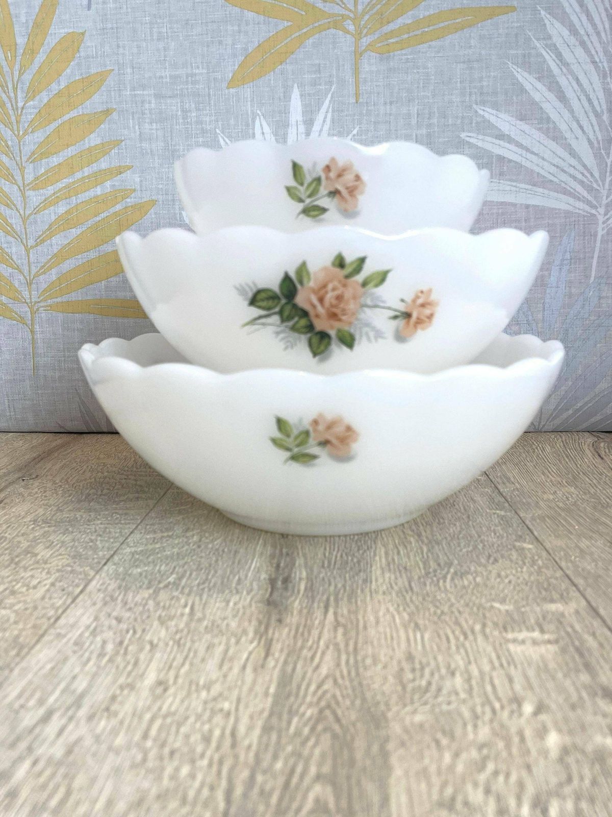 Arcopal Pink Rose Nesting Bowl Set   French Milk Glass Petal Salad Bowl Set