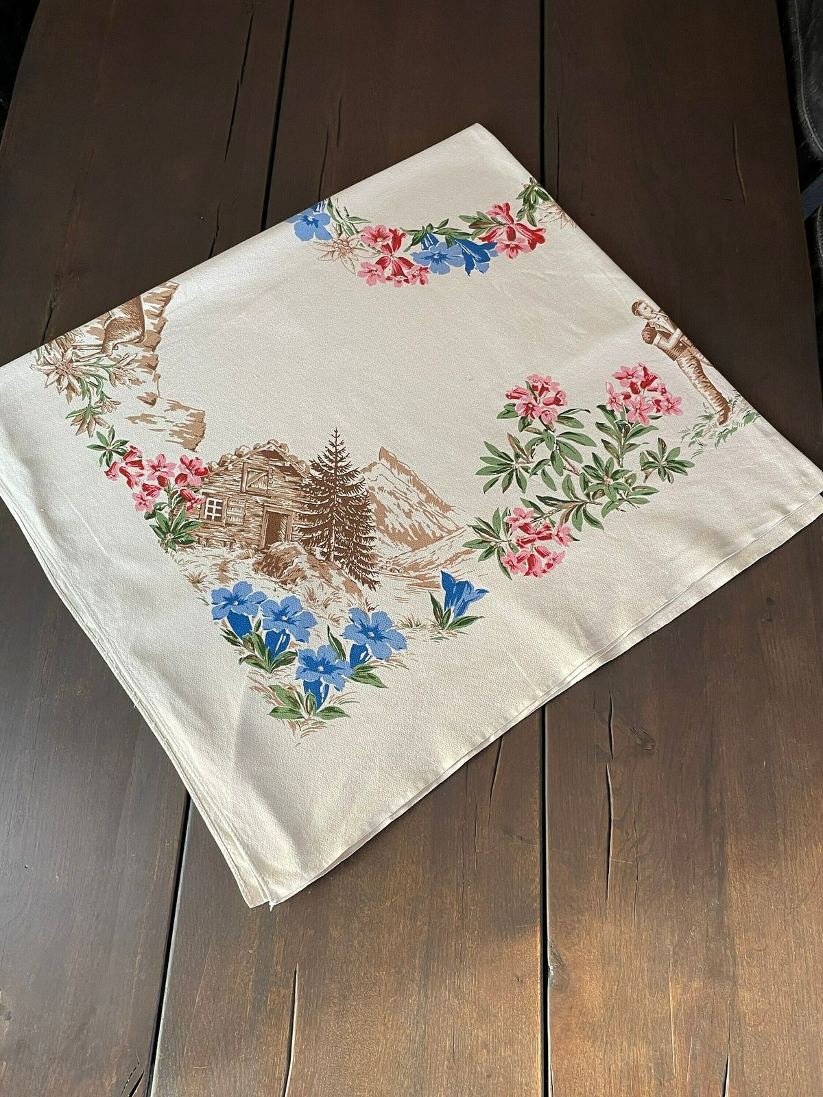 Vintage Swiss Alpine Print Tablecloth With Edelweiss And Gentian Flowers, Goat, Matterhorn, Swiss Chalet   Large Beige Barkcloth Tablecloth photo Textiles