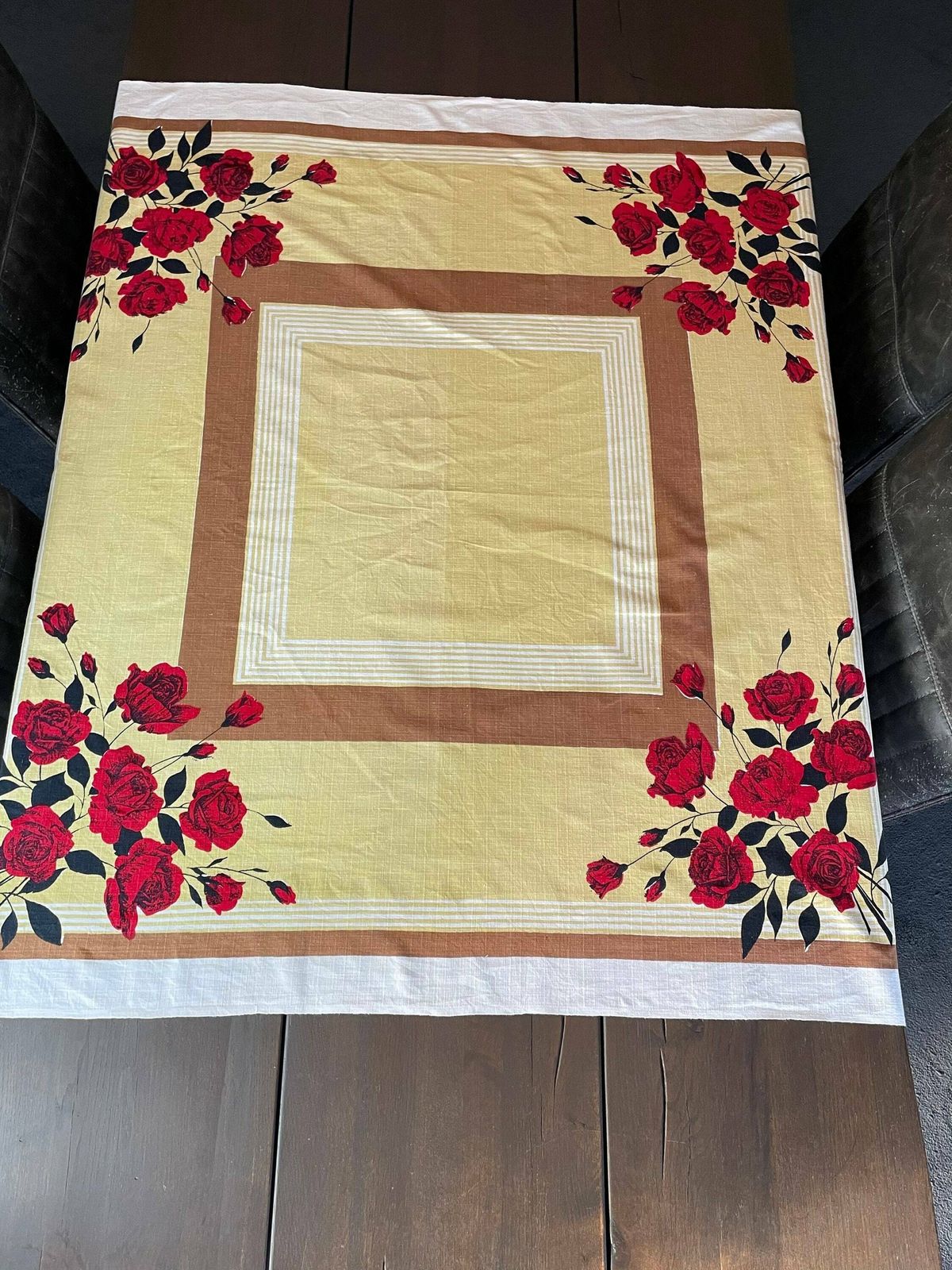photo for sale Yellow And Red Rose Mid Century Era Vintage Tablecloth In A Bark Cloth Fabric