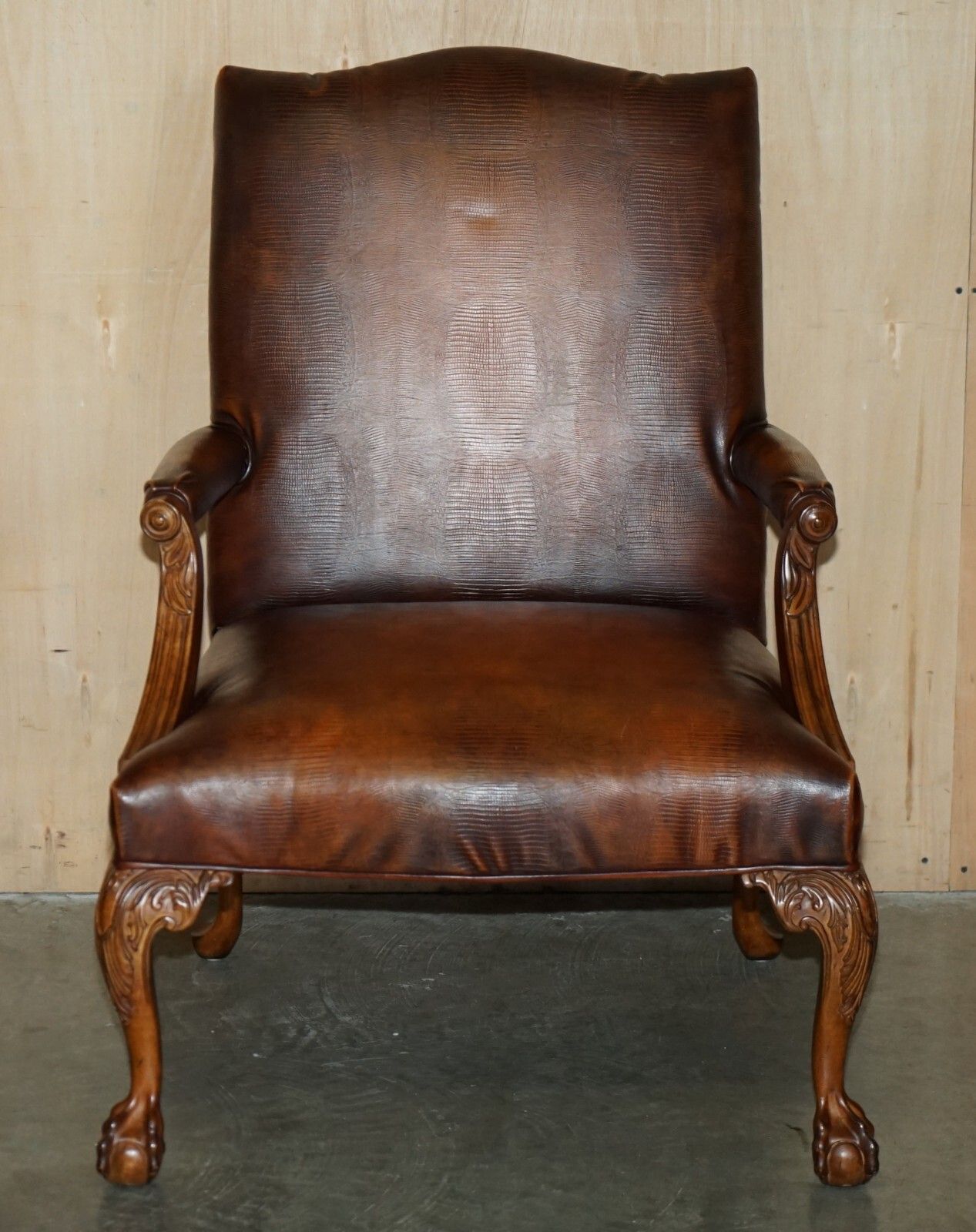 Pair Of Councill USA Brown Crocodile Alligator Leather Claw & Ball Armchairs photo Furniture