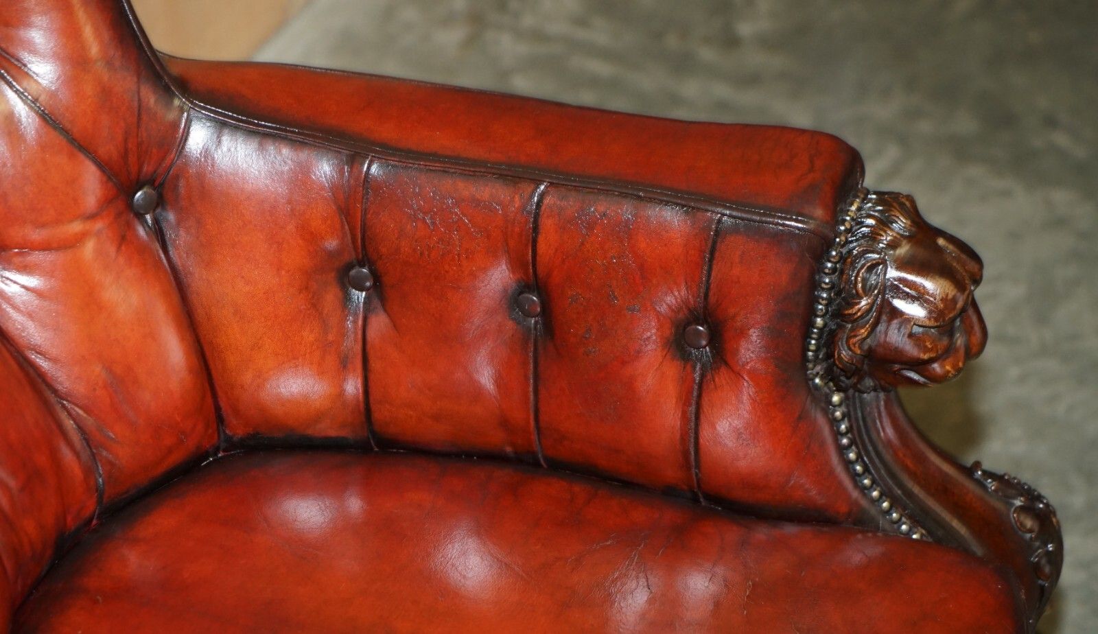 photo buy Exquisite Antique Cir 1840 Hand Carved Lions Head Chesterfield Library Armchair