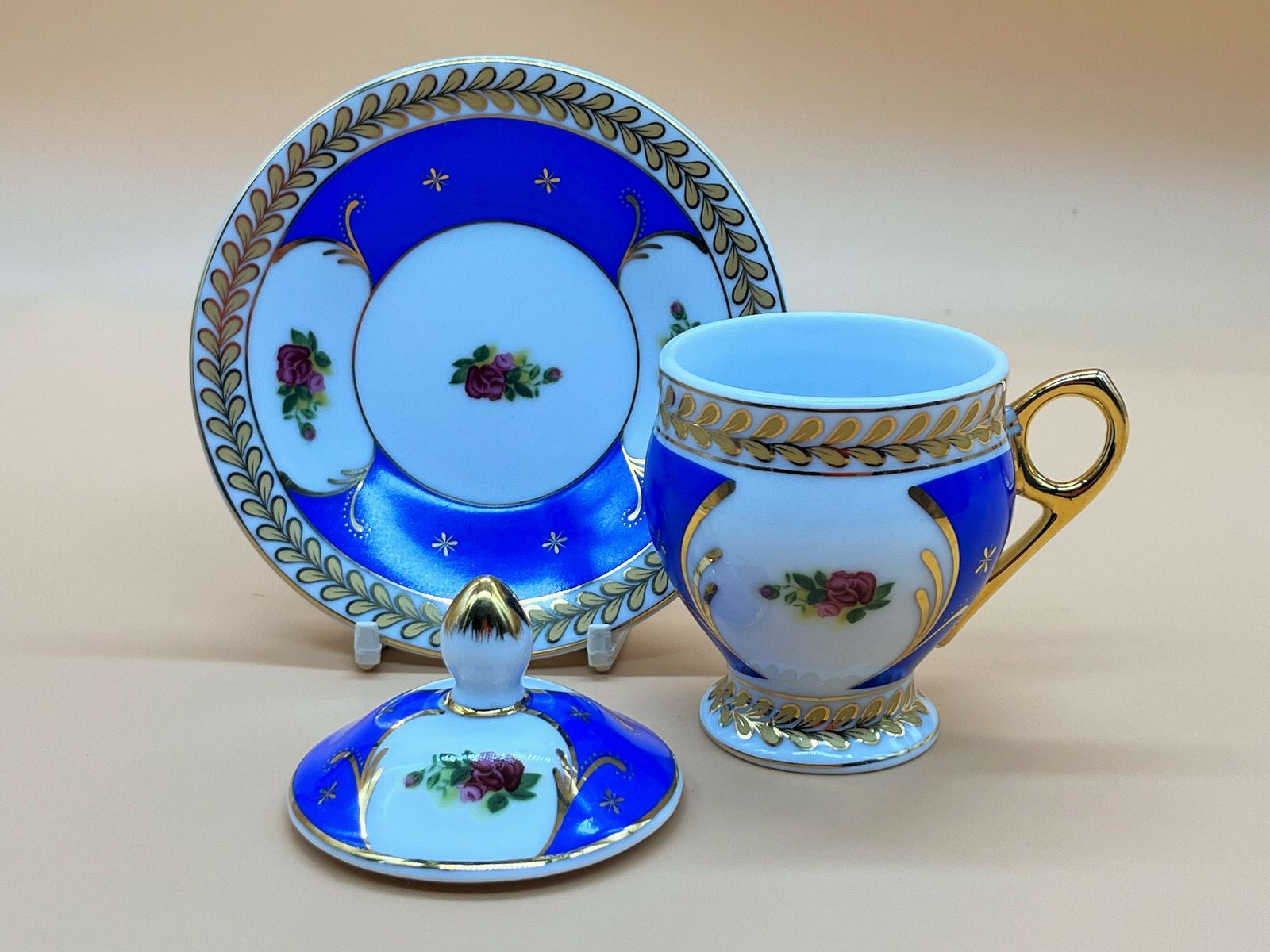 Lg Limoges Porcelain Blue Chocolate Cup, Saucer And Lid. photo for sale