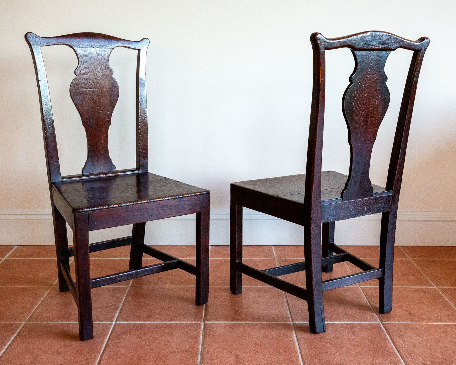 Furniture Georgian Oak Country Dining Chairs 1780 Pair Antiqu.E Welsh Vase Back Hall Chairs Chippendale Style Country House Farmhouse Occasional Chairs photo