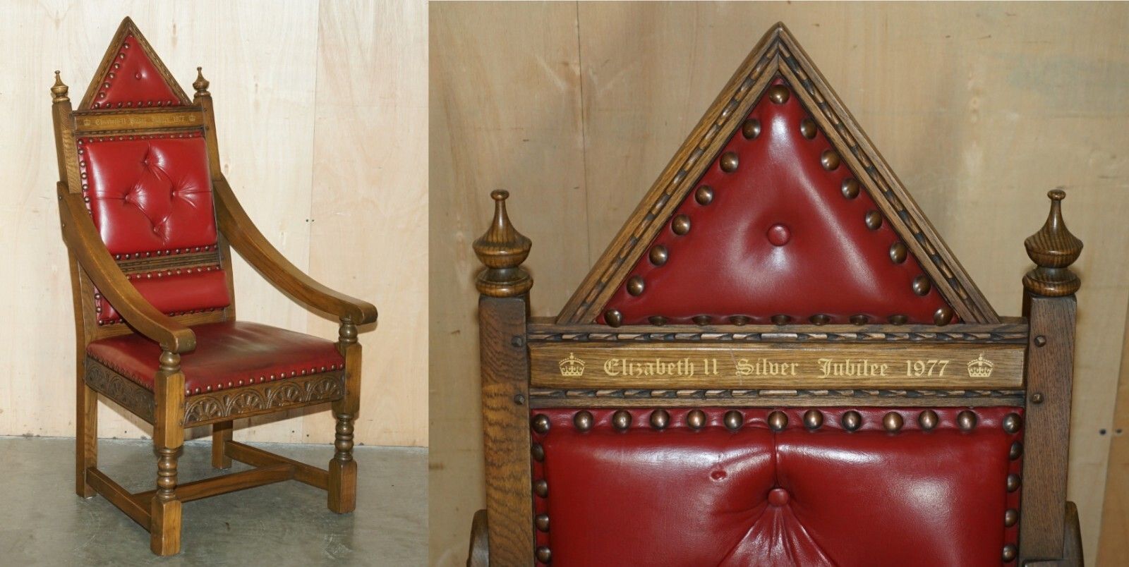 Original Elizabeth II Silver Jubilee Throne Armchair English Oxblood Oak Leather