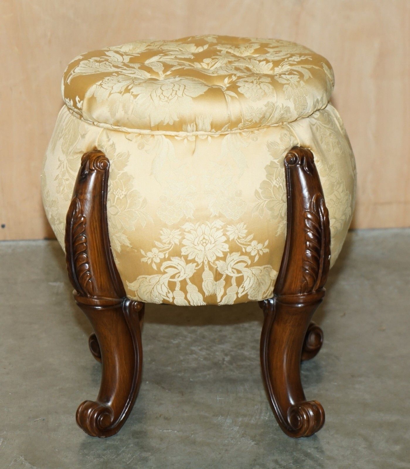 Pair Of Vintage Chesterfield Tufted Floral Upholstered Carved Frame Stools photo for sale