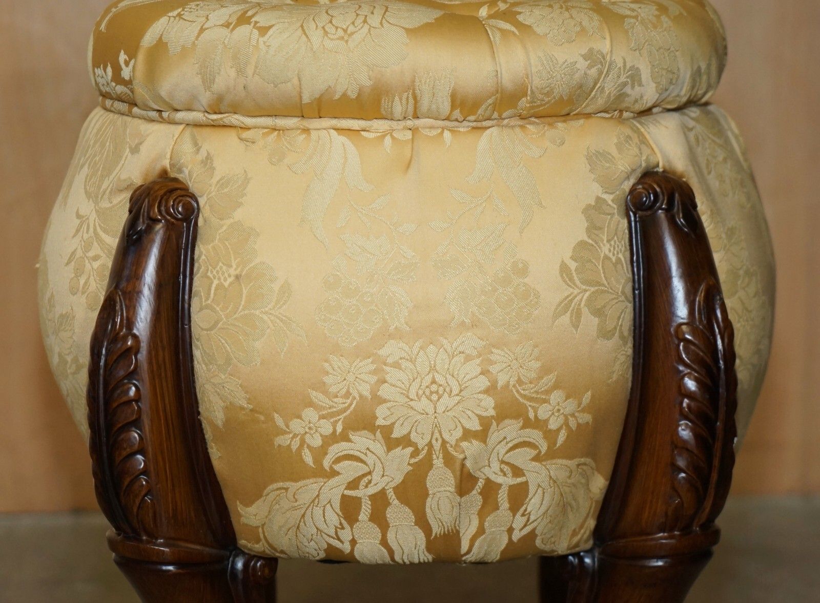 Pair Of Vintage Chesterfield Tufted Floral Upholstered Carved Frame Stools photo vinterior