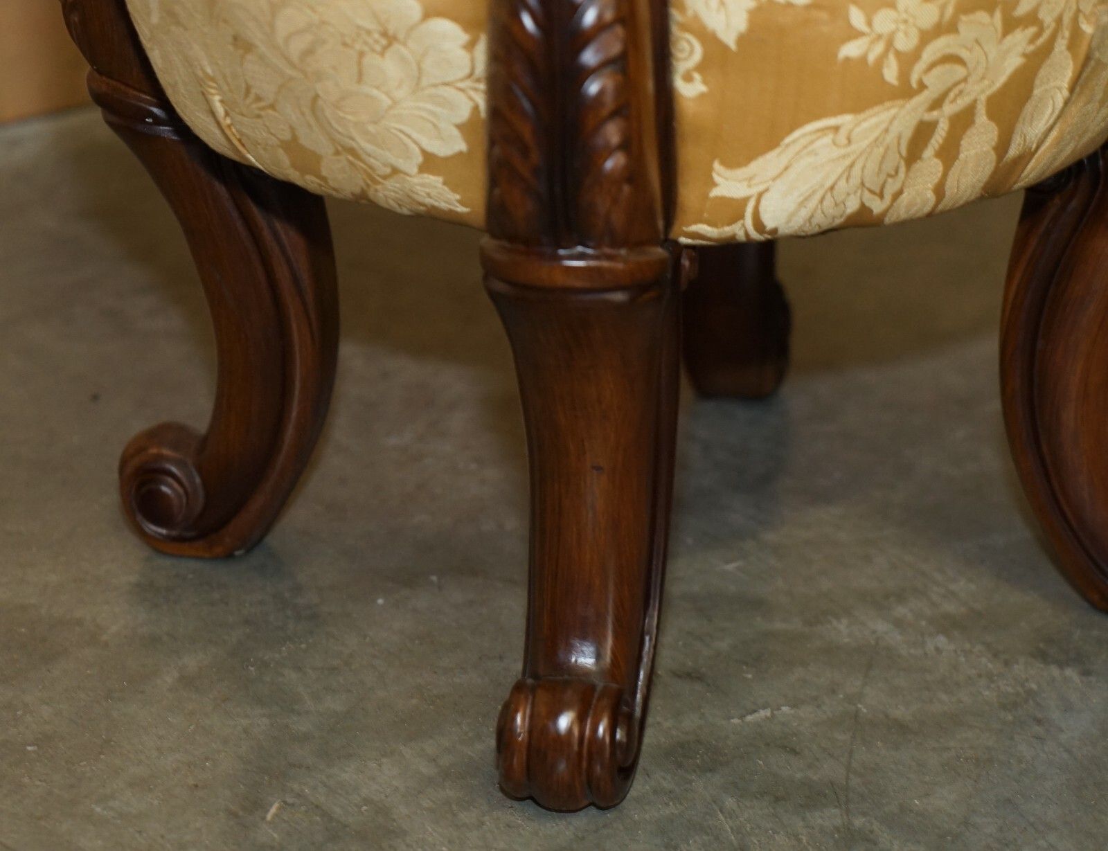 Furniture Pair Of Vintage Chesterfield Tufted Floral Upholstered Carved Frame Stools photo
