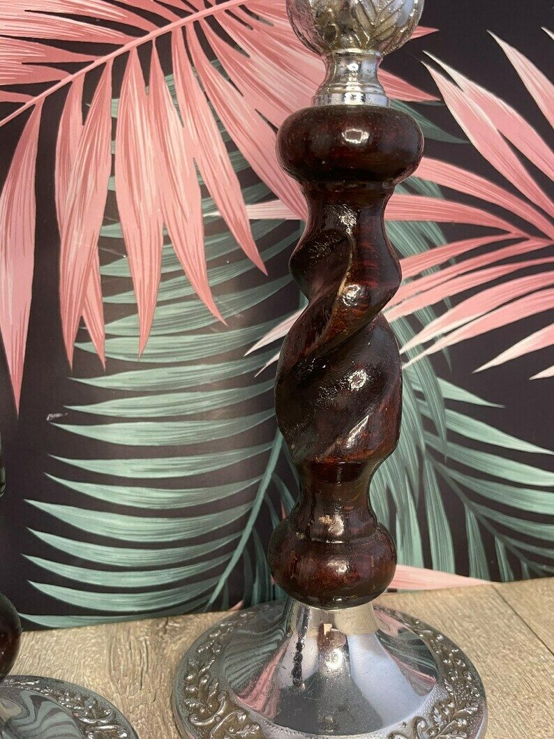 Art Deco Chrome And Wood Candlesticks   Vintage Candlesticks With Barley Twist And Oak Leaf Pattern photo vinterior