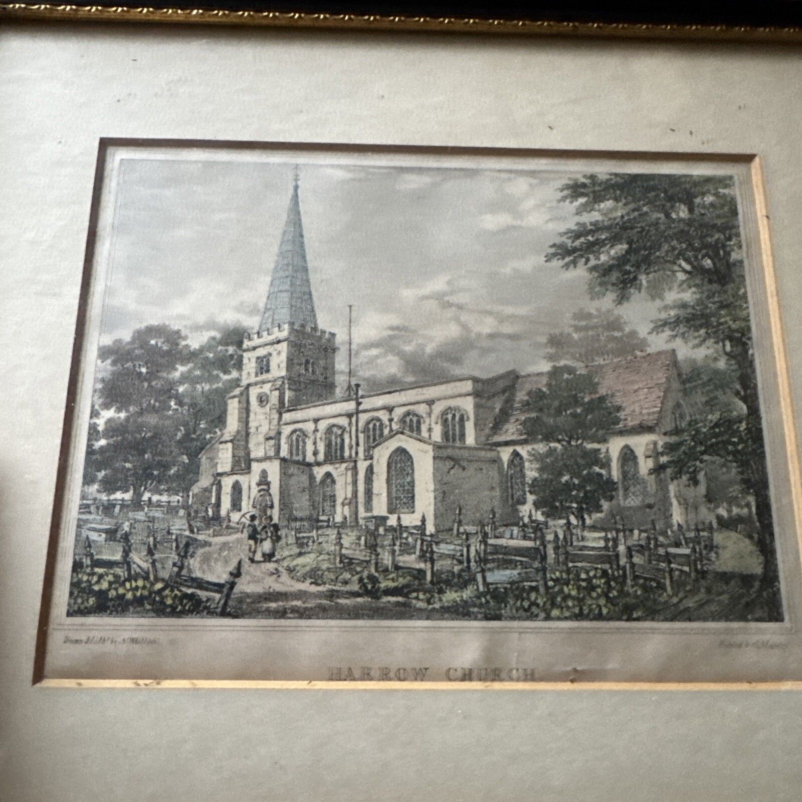 Antique Lithograph 18th Century Harrow Church  London photo furniture
