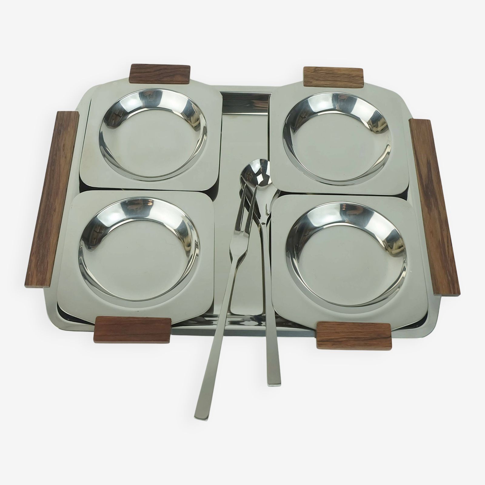Mid Century Modern Bowl Set Dip Bowls Party Serving Set Stainless Steel And Wood 1960s