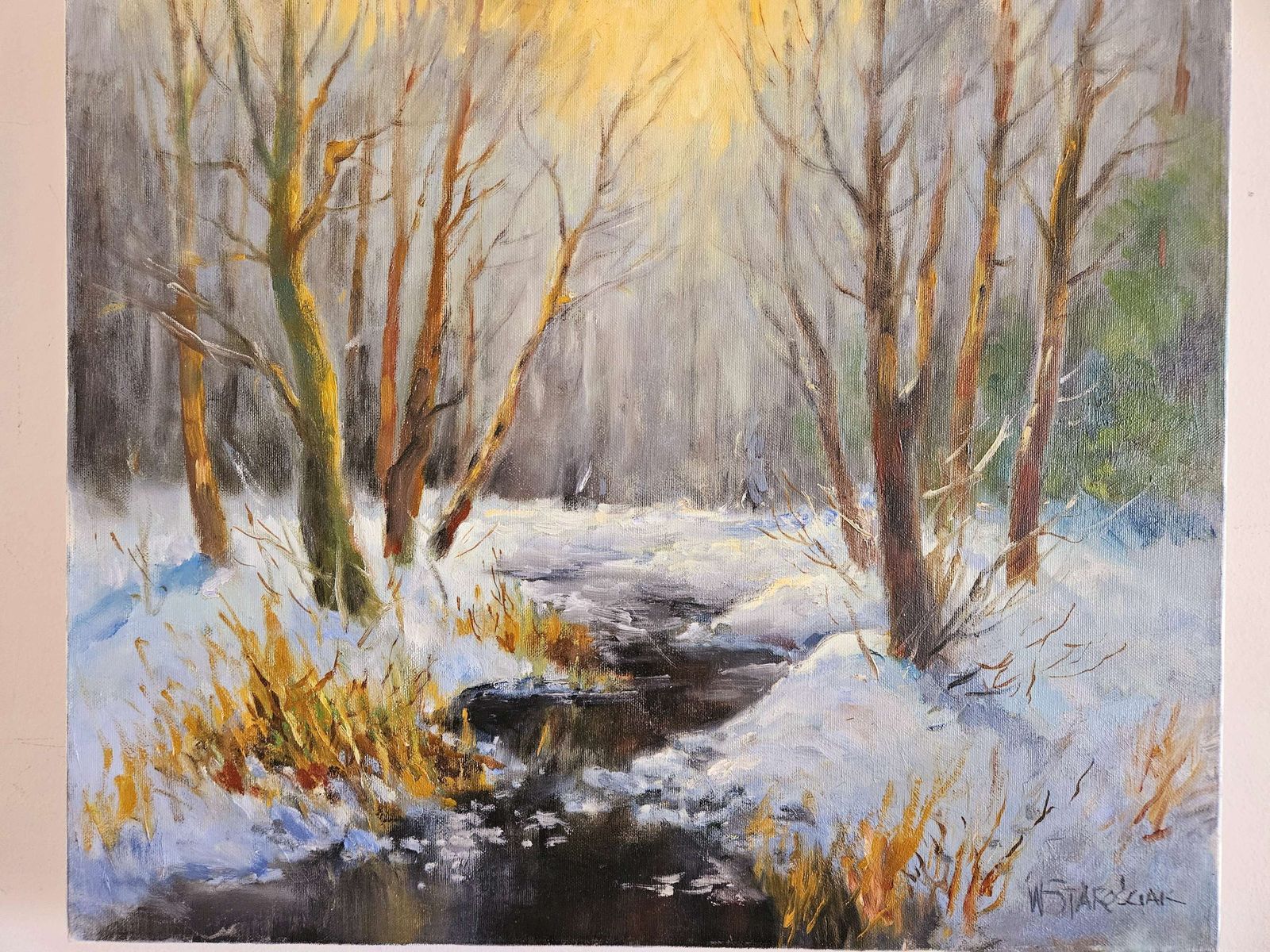 Oil On Linen Of Snowy River Landscape 'Zima' By Polish Artist W. Starosciak photo Art