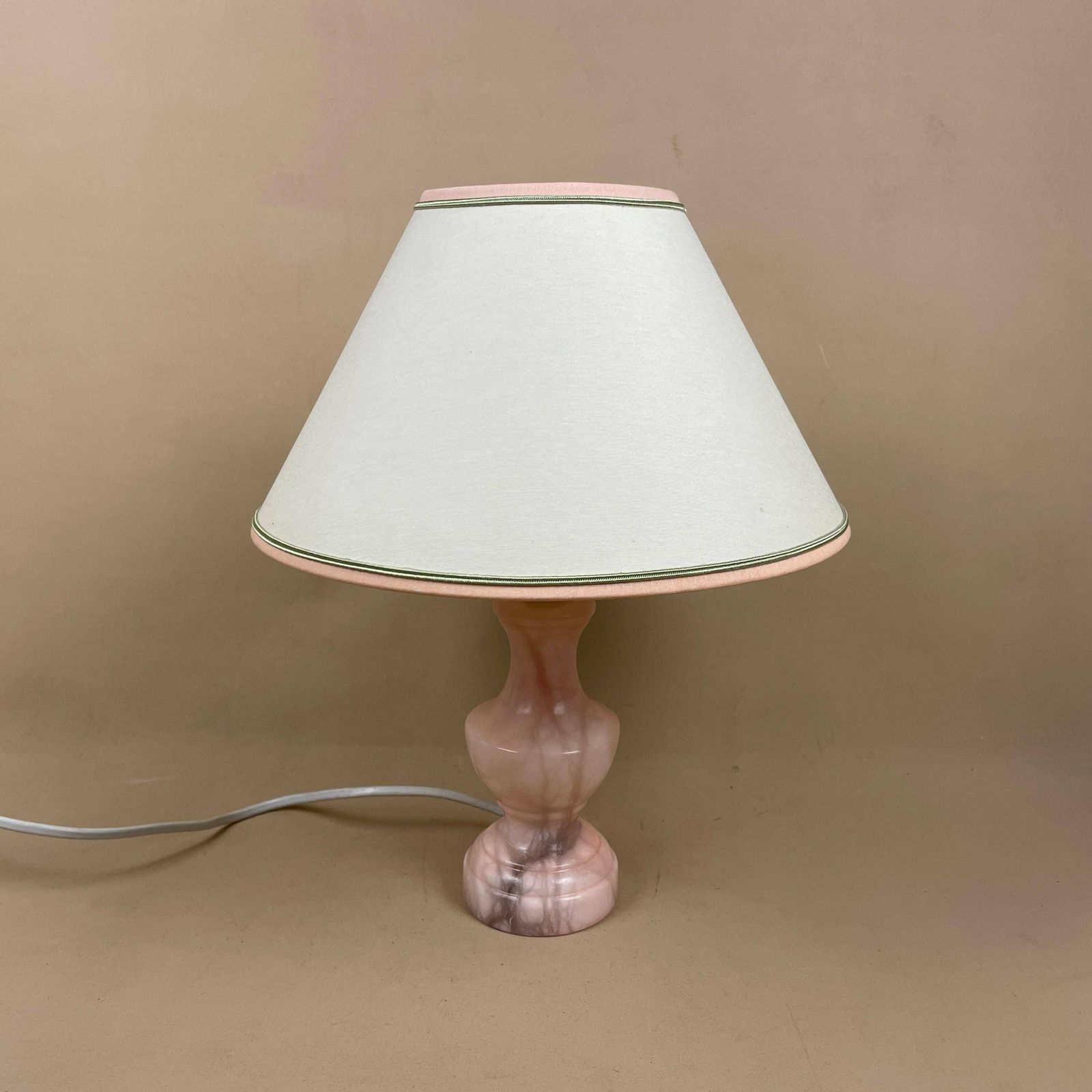 Antique Marble Lamp Light Bedside Side Table Desk Marbled Patterned Detail Vintage Pattern Stone Pillar Pink Cream Cone Lampshade Carved