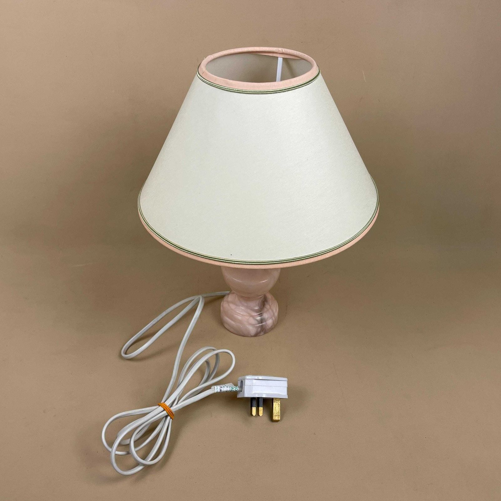 Antique Marble Lamp Light Bedside Side Table Desk Marbled Patterned Detail Vintage Pattern Stone Pillar Pink Cream Cone Lampshade Carved photo vintage