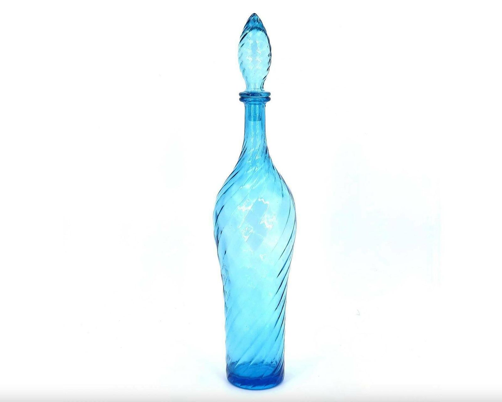 Rare Blue Glass Empoli Genie Bottle, Italian Decanter, 1960s / Boho Chic, Bohemian, Folk, Made In Italy