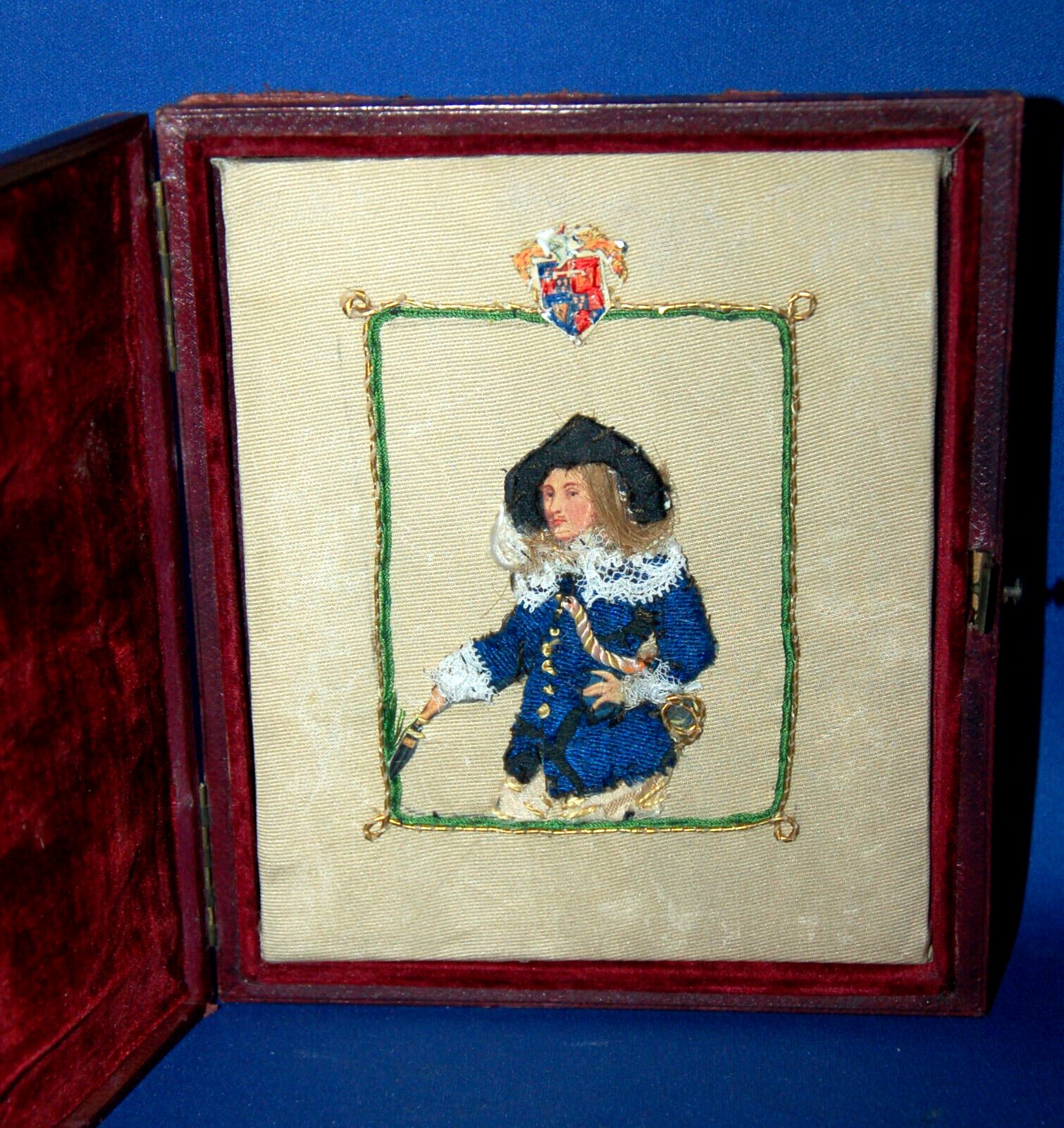 A 19th Century English Royalist Officer Collage Portait, Fabric, Civil War Era photo furniture