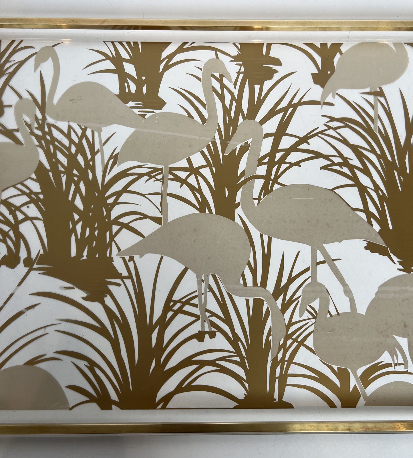 photo vinterior Pair Of Plexiglass And Brass Trays With Golden Bird Decor
