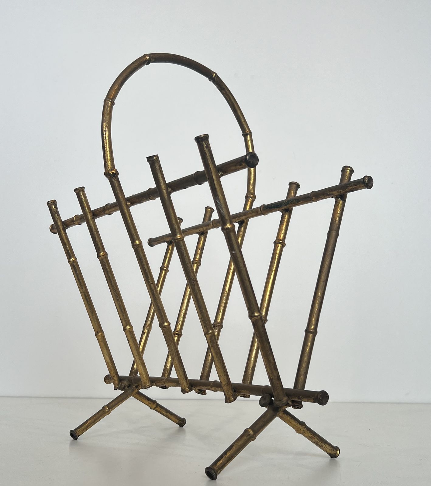 Faux Bamboo Style Gold Metal Magazine Rack Attributed To Maison Baguès photo furniture