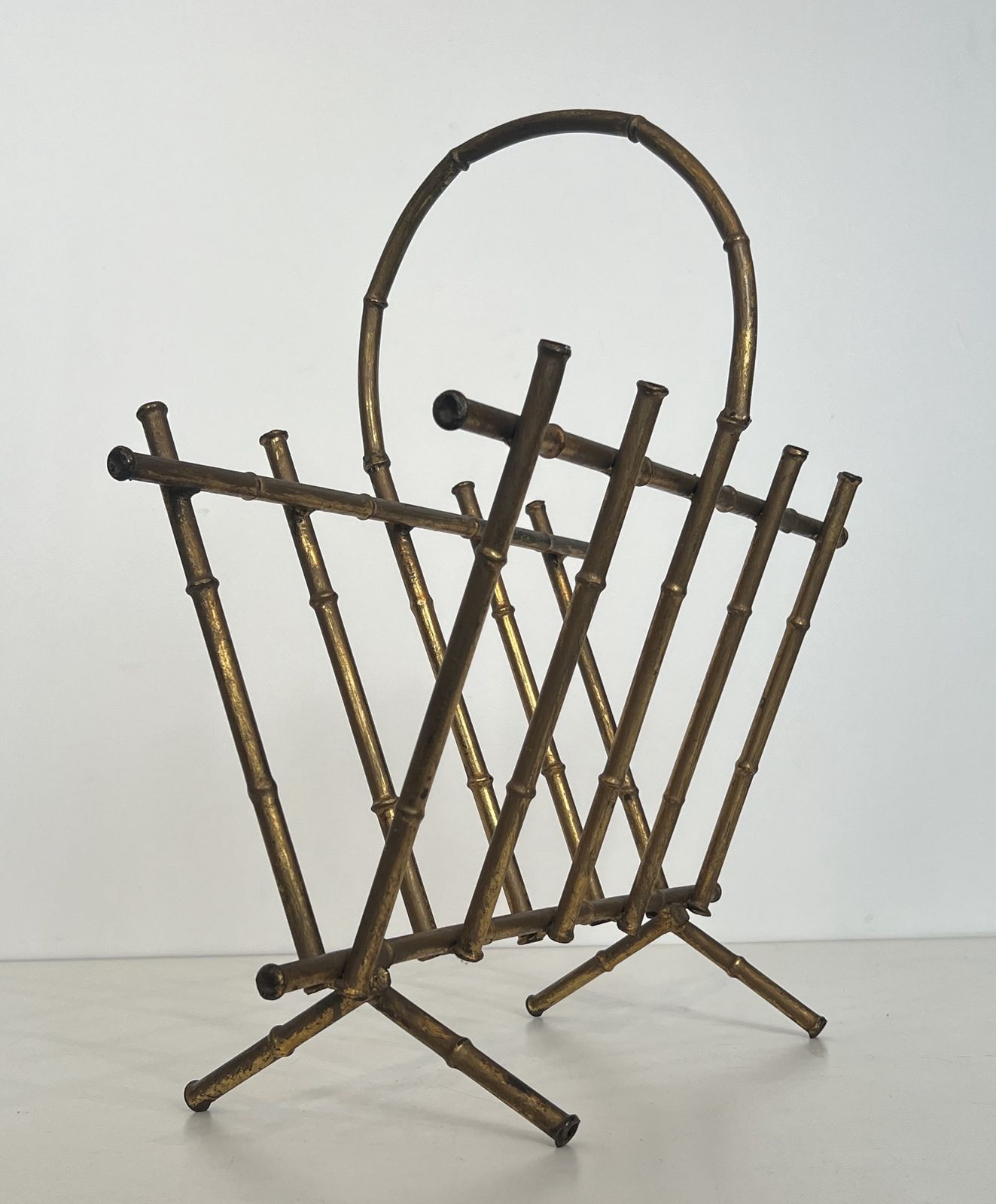 850.0 Faux Bamboo Style Gold Metal Magazine Rack Attributed To Maison Baguès photo