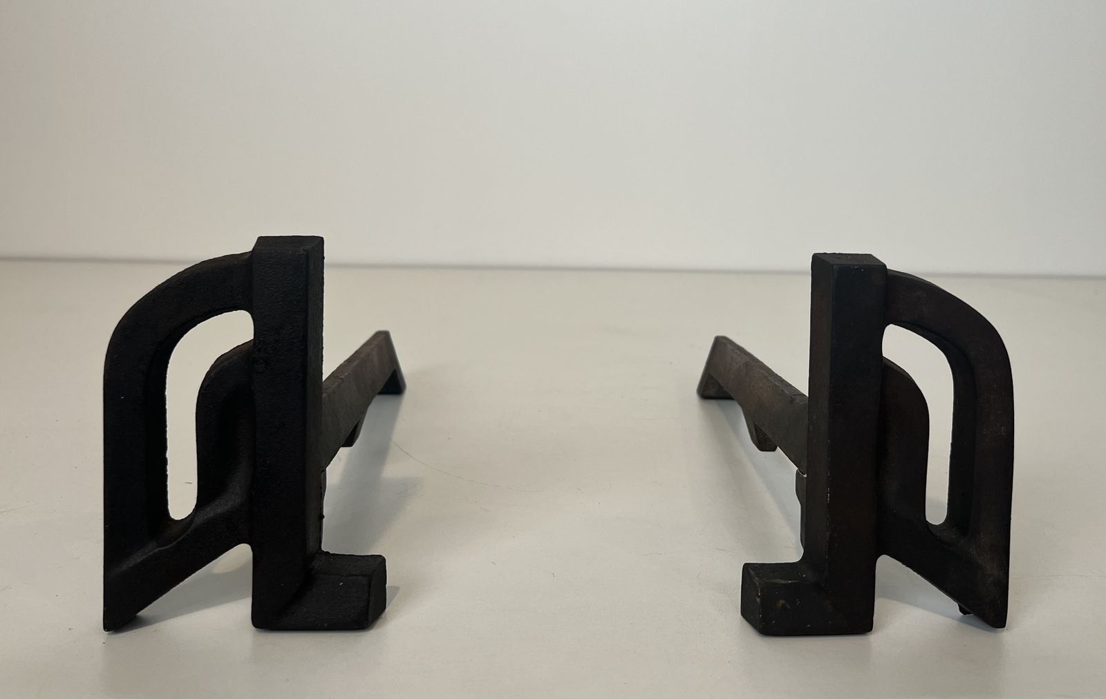 photo buy Pair Of Small Modernist Cast Iron And Wrought Iron Andirons
