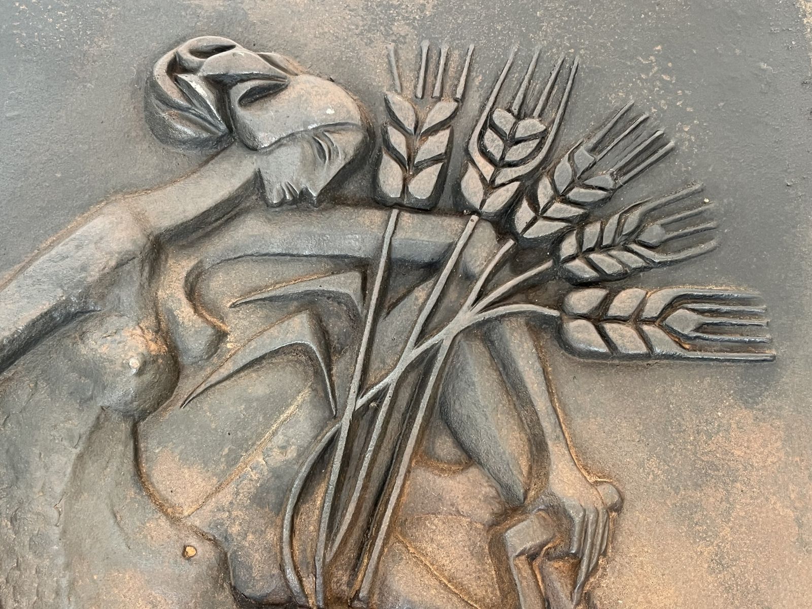Modernist Cast Iron Fireplace Plate Depicting A Nude Woman Holding A Scythe And Ears Of Wheat photo vinterior