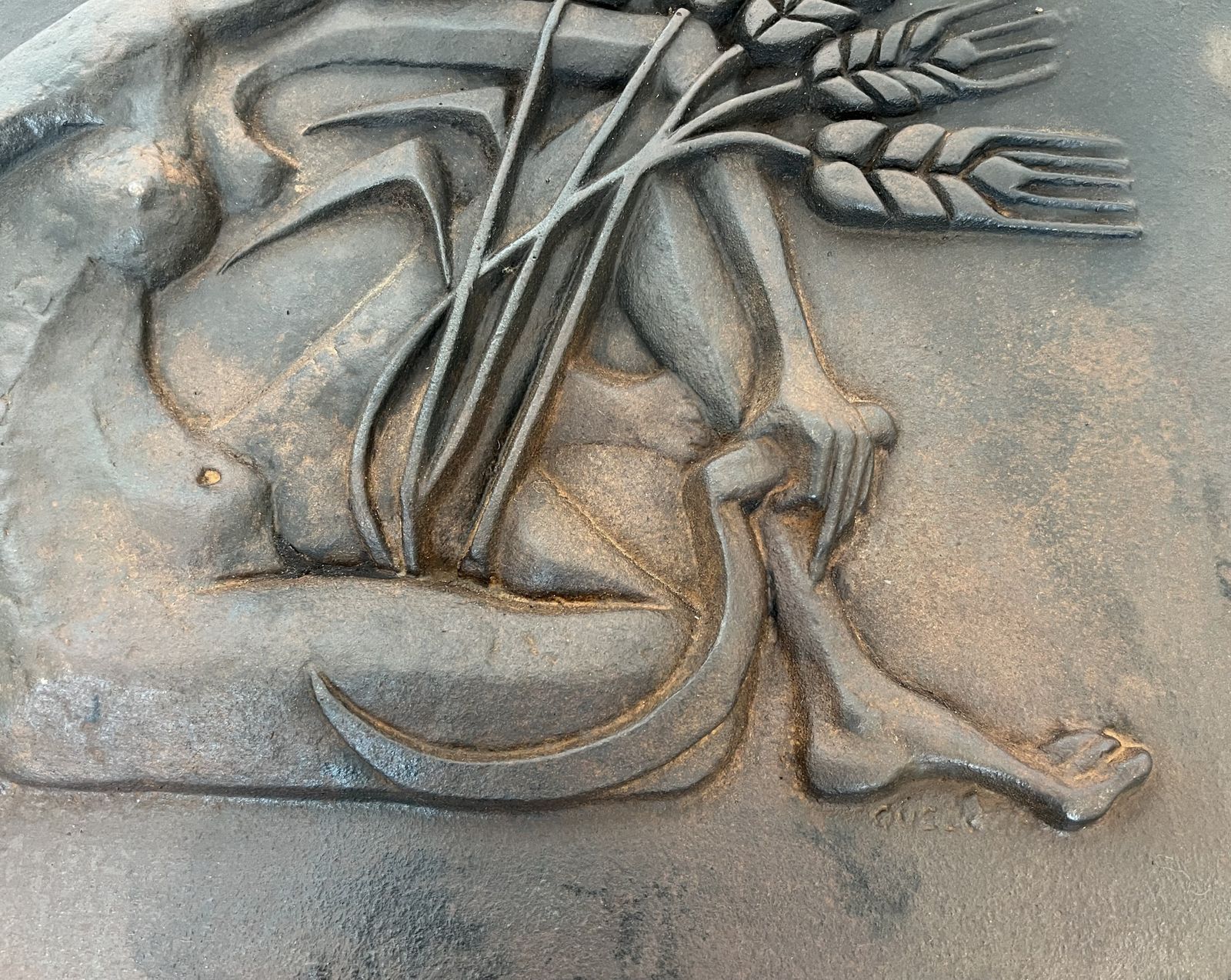 Modernist Cast Iron Fireplace Plate Depicting A Nude Woman Holding A Scythe And Ears Of Wheat photo vintage
