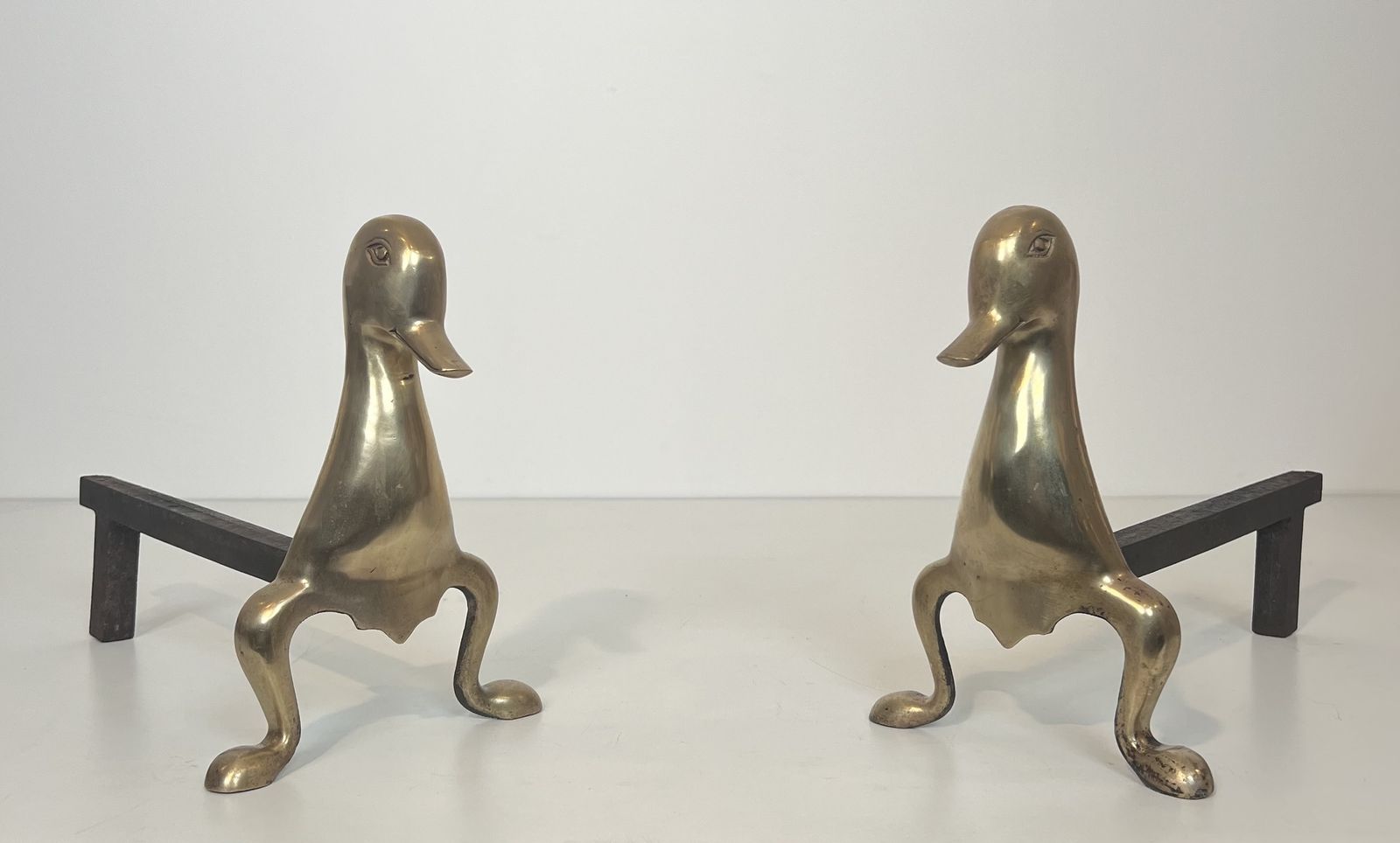 Pair Of Andirons Representing Stylized Ducks In Brass In The Style Of Claude And François Xavier Lalanne. Circa 1970