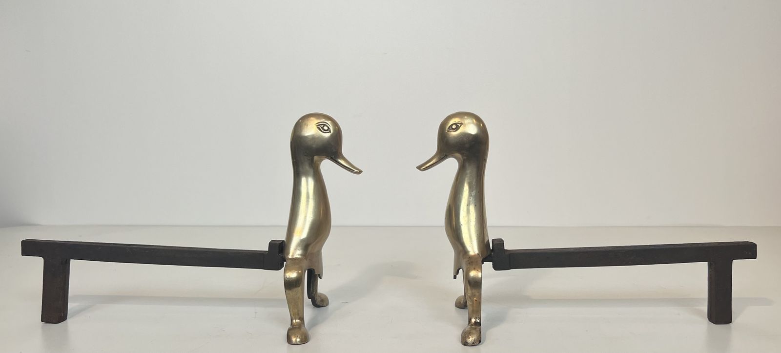 Pair Of Andirons Representing Stylized Ducks In Brass In The Style Of Claude And François Xavier Lalanne. Circa 1970 photo 2450.0