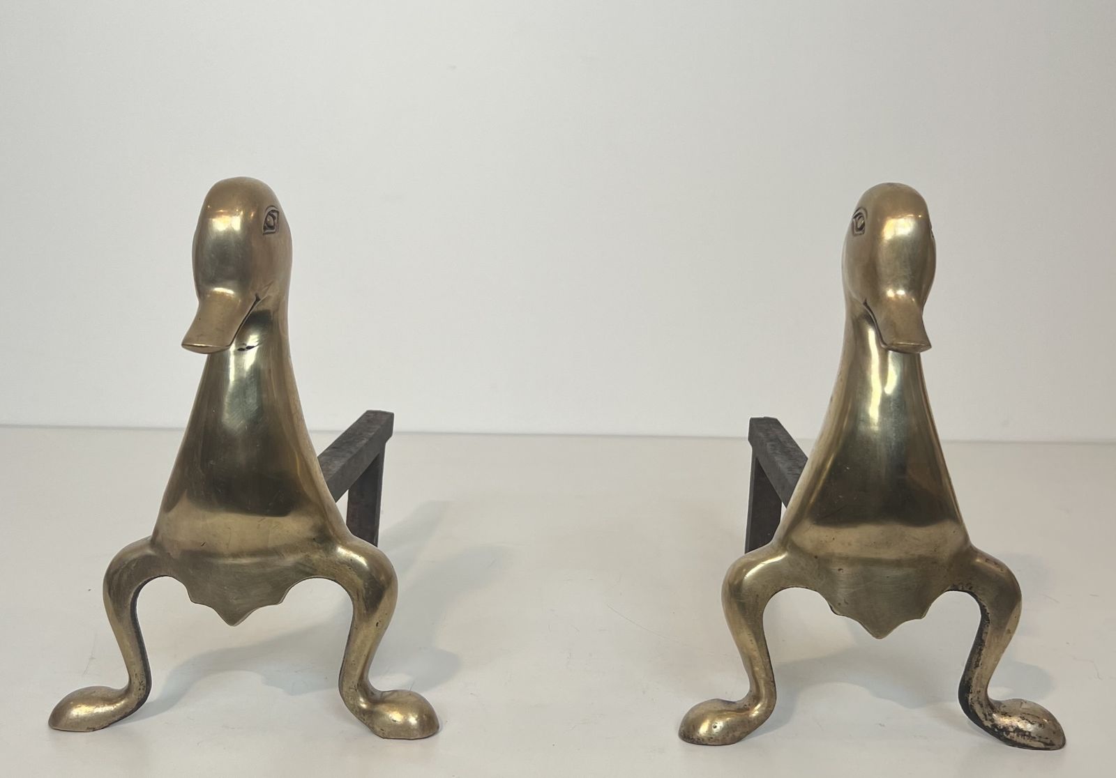 2450.0 Pair Of Andirons Representing Stylized Ducks In Brass In The Style Of Claude And François Xavier Lalanne. Circa 1970 photo