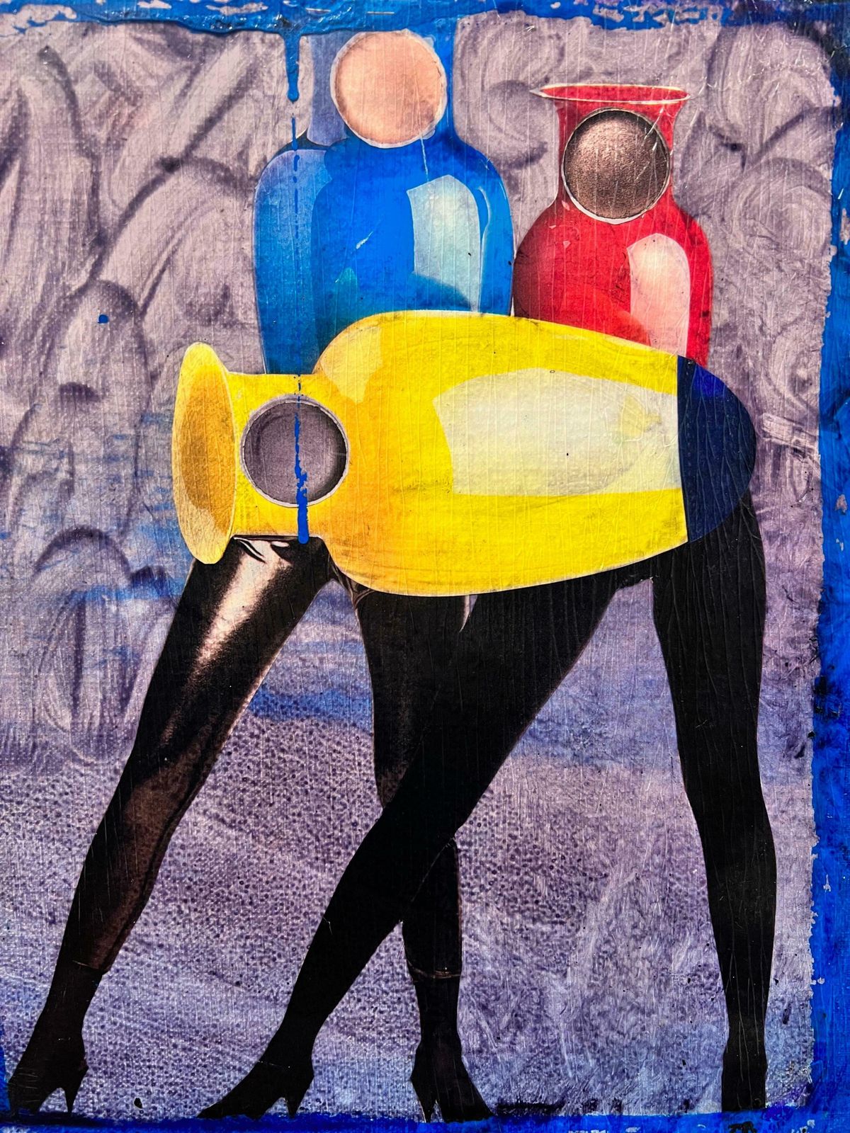 20th Century French School1980's French Abstract Collage/ Painting Leather Trousersed Figures With Jugs photo for sale