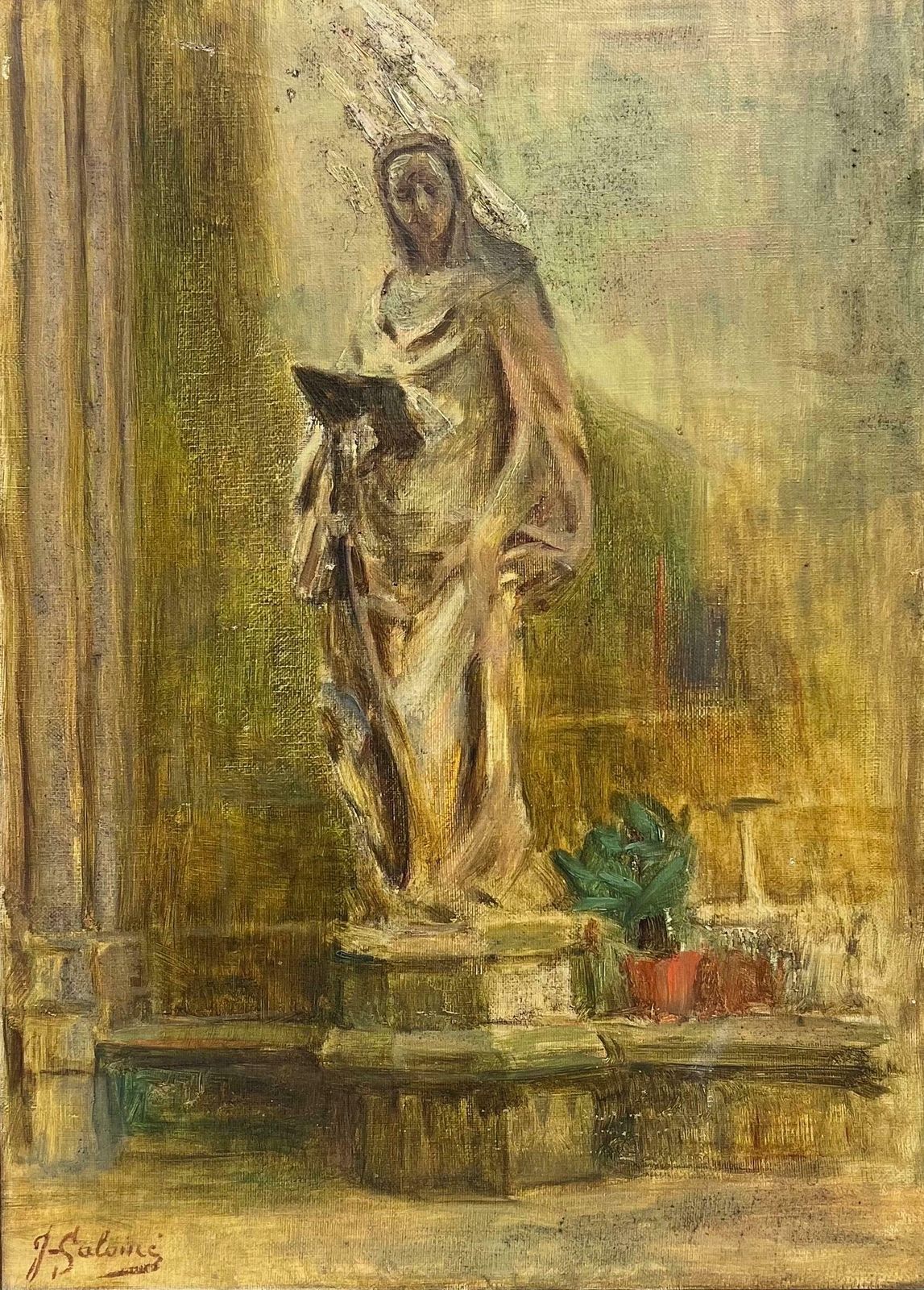 20th Century French1930's French Signed Oil Portrait Of A Statue Outside Church Courtyard photo furniture