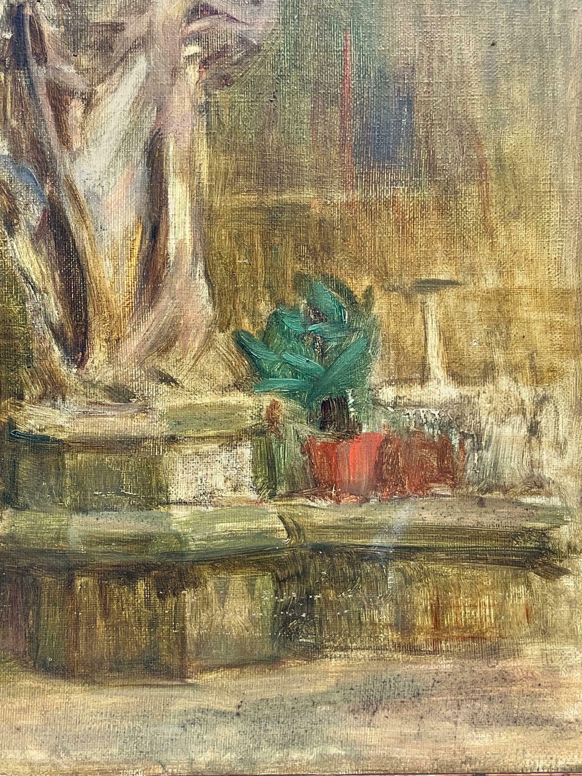 20th Century French1930's French Signed Oil Portrait Of A Statue Outside Church Courtyard photo 895.0