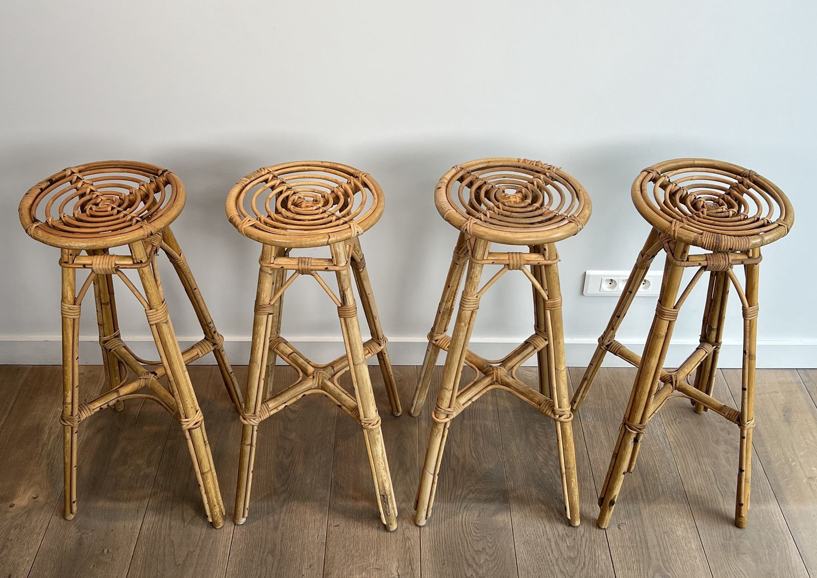 2200.0 Set Of 4 Rattan Stools, 1970s, Vintage photo