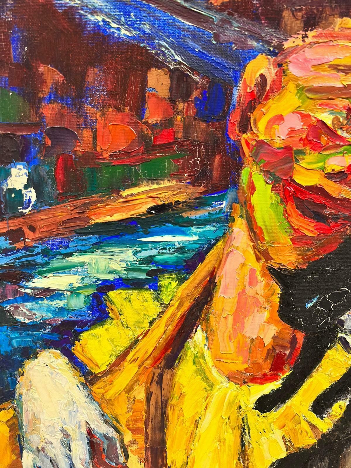 Josine Vignonabstract Clown Character Playing The Tzouras Post Impressionist Signed Oil 1960's photo for sale