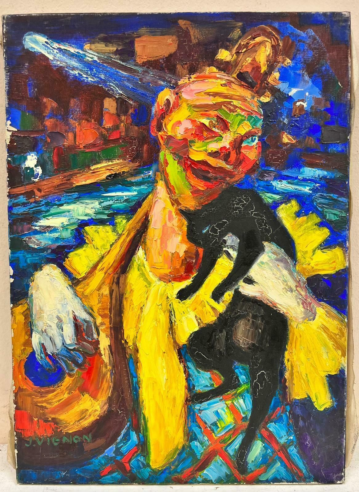 Josine Vignonabstract Clown Character Playing The Tzouras Post Impressionist Signed Oil 1960's photo 869.0