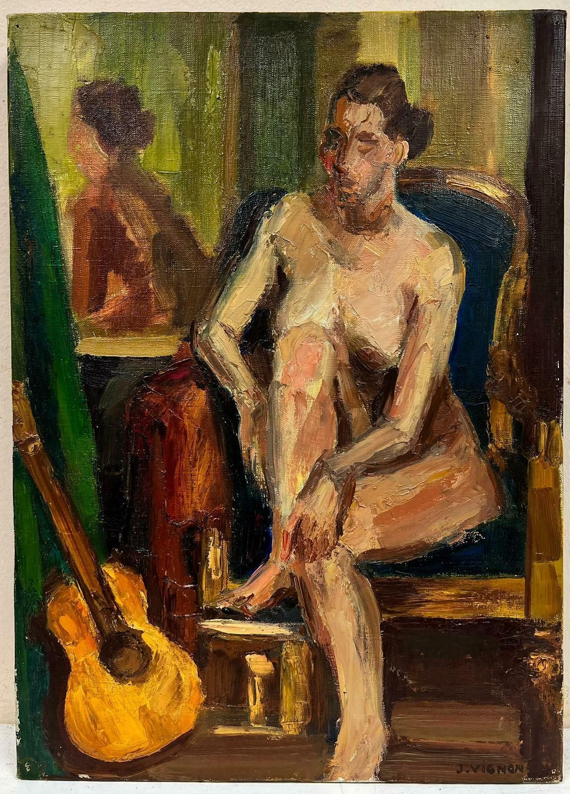 Josine Vignonfrench Nude Female Portrait Interior Post Impressionist Signed Impasto Oil 1960's photo furniture