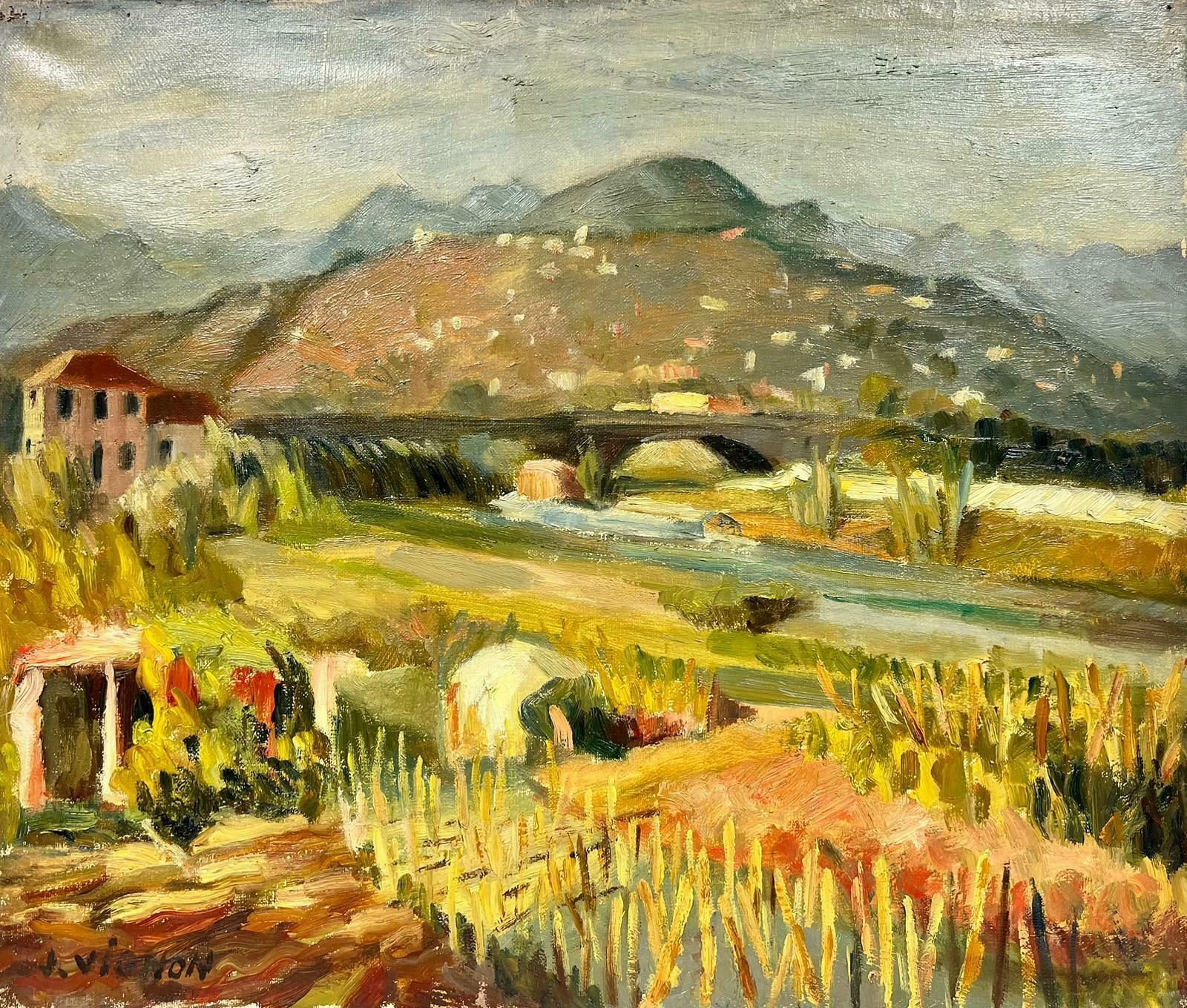 Josine Vignonrural French Bridge Landscape Post Impressionist Signed Oil 1960's