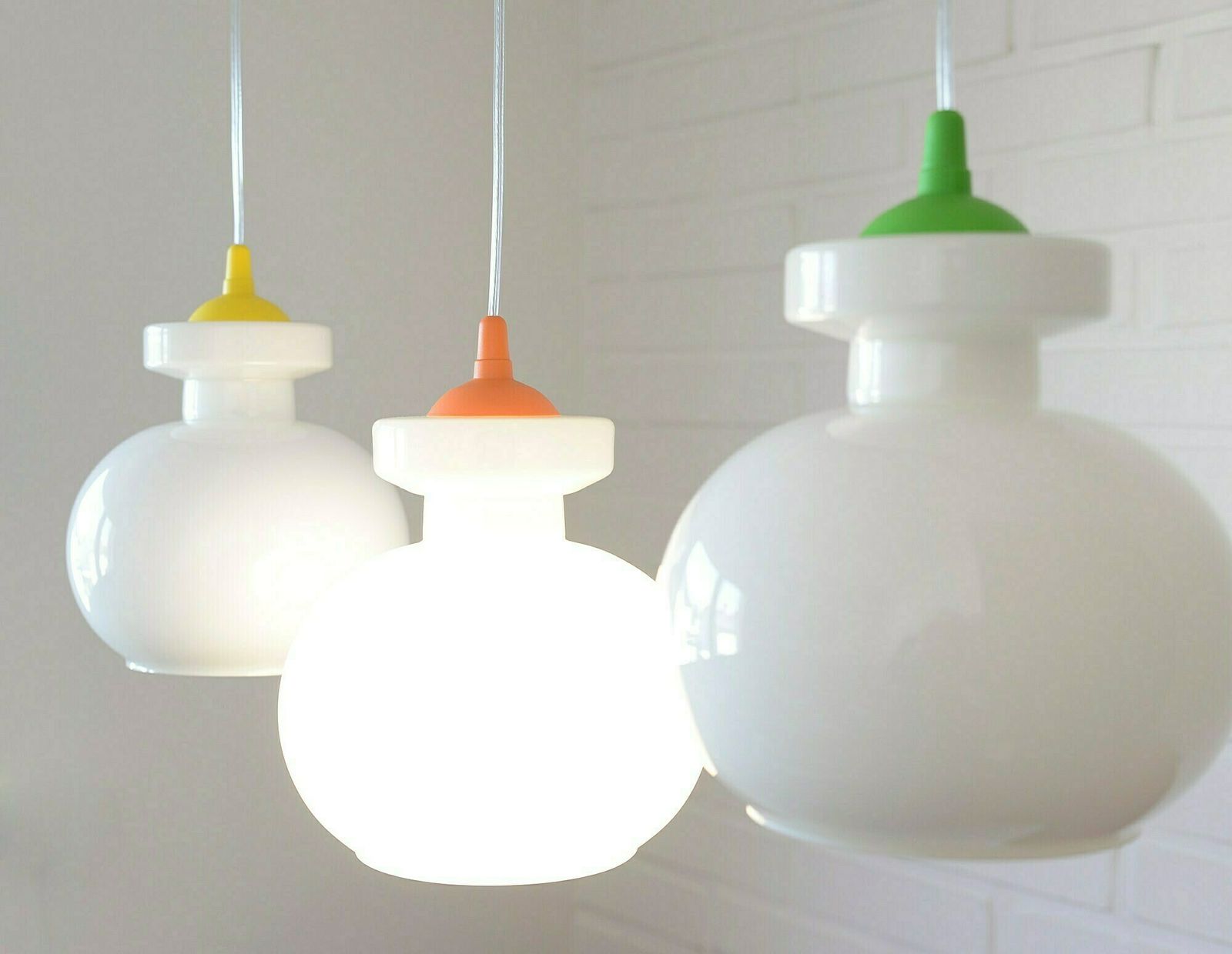 Set Of 3 Vintage Pop Art Lamp / Pendant Light / White Opaline Glass / Yugoslavia 1970s photo for sale