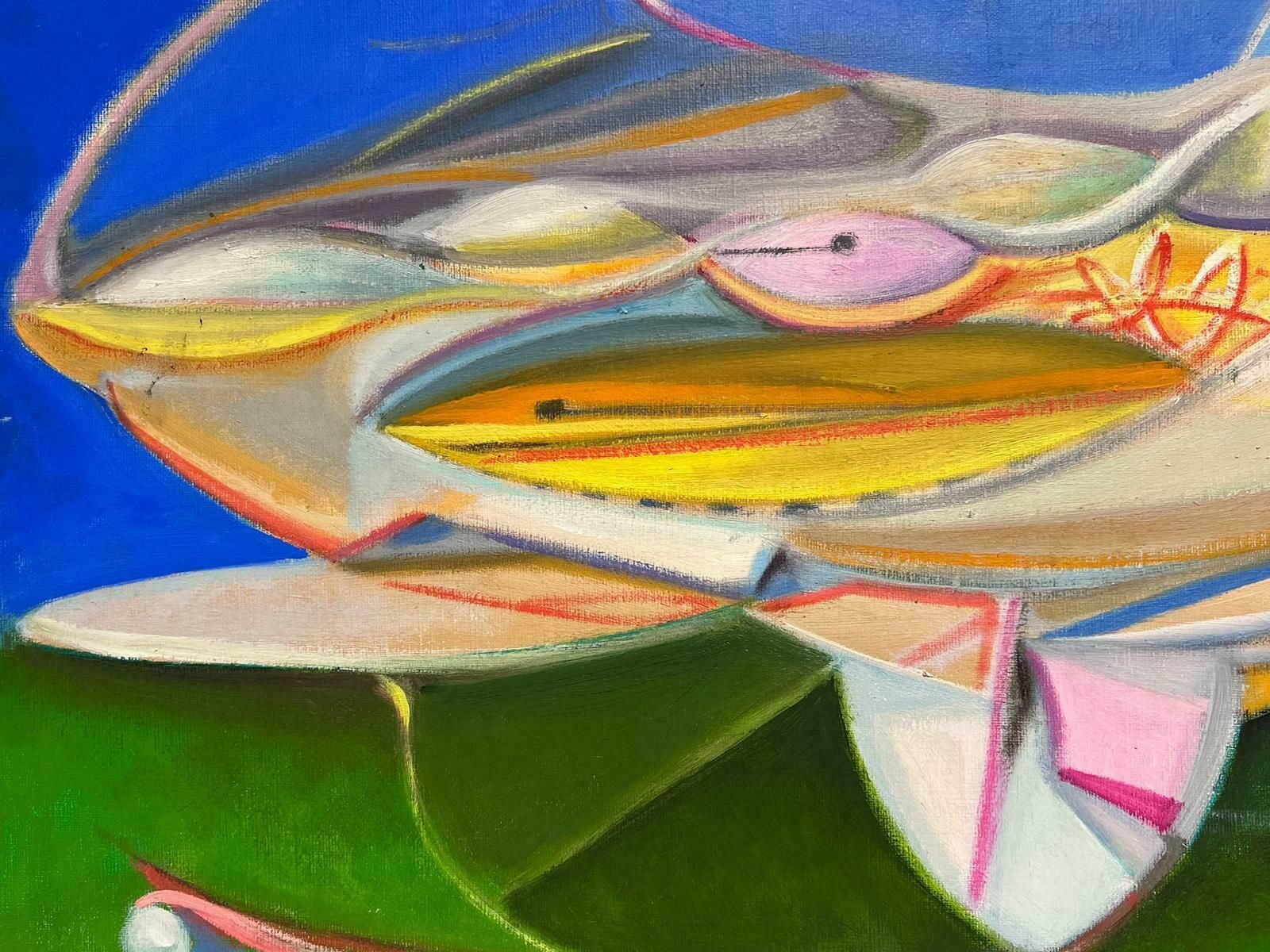 T. Fabris1980’s French Surrealist Signed Oil Painting Abstract Shapes Composition 1984 photo Art