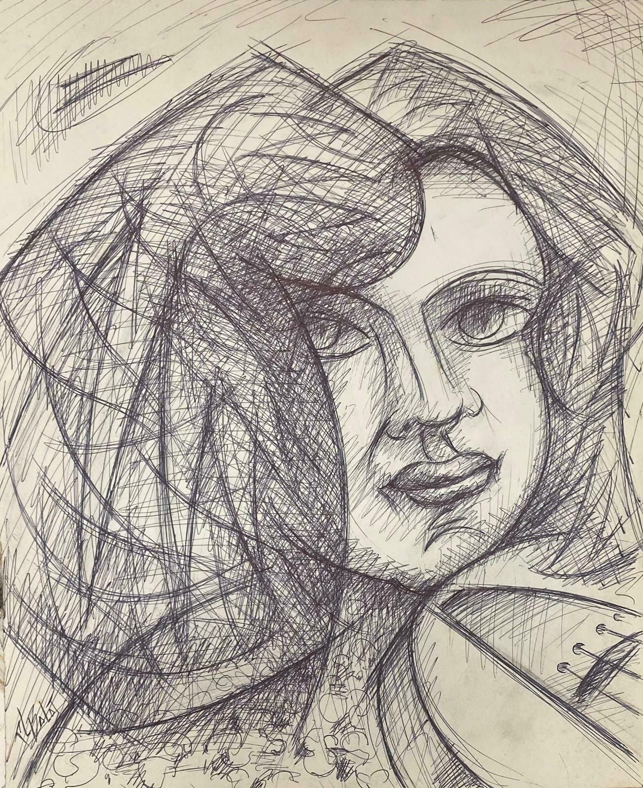 Unknown20th Century French Modernist Biro Drawning Of Woman Playing The Violin1985