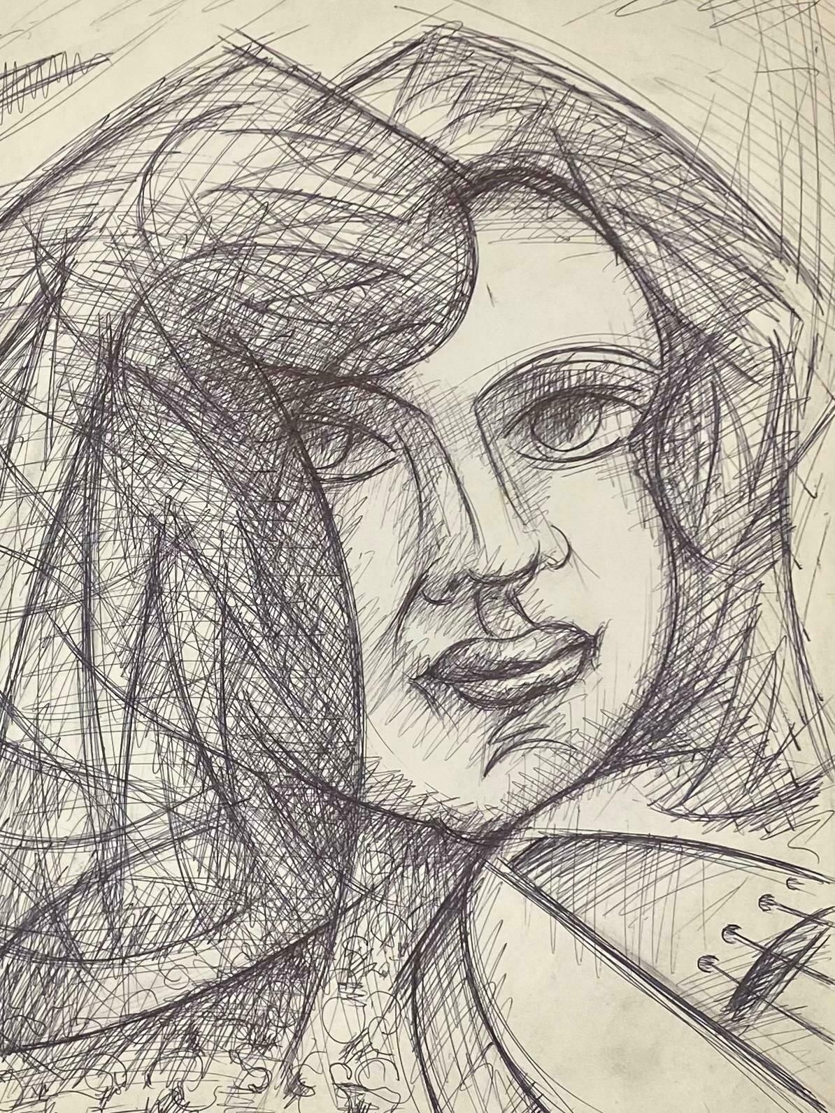 Unknown20th Century French Modernist Biro Drawning Of Woman Playing The Violin1985 photo furniture