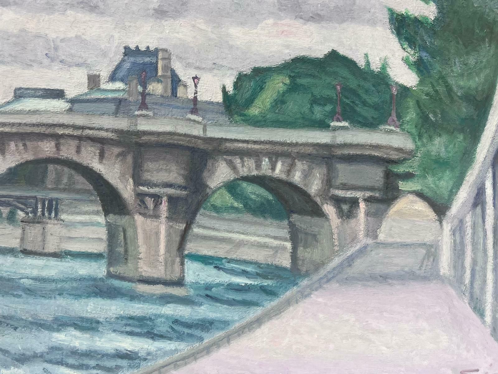 French Schoolbanks Of The River Seine Paris Skyline Pont Neuf Bridge, Signed French Oil photo furniture