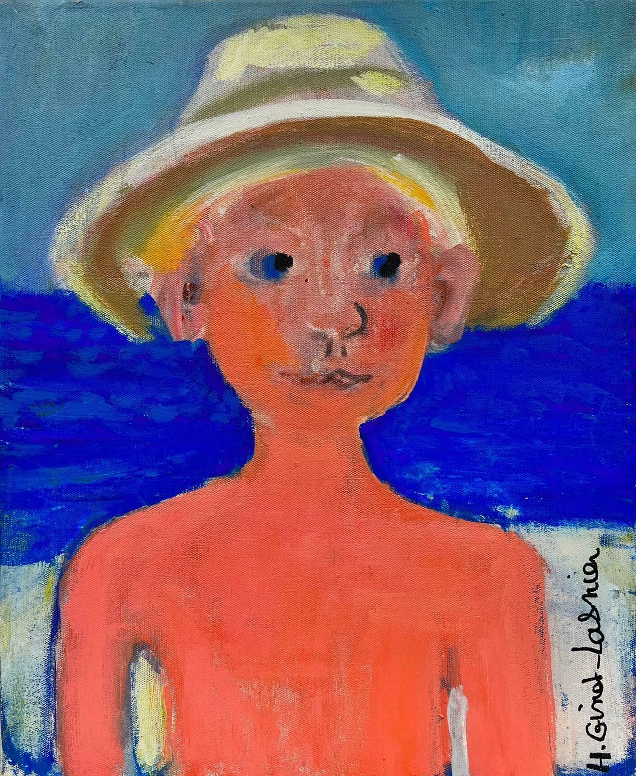 Huguette Ginet Lasnier French Modernist Signed Painting Portrait Young Bather At Seasidec. 2000's