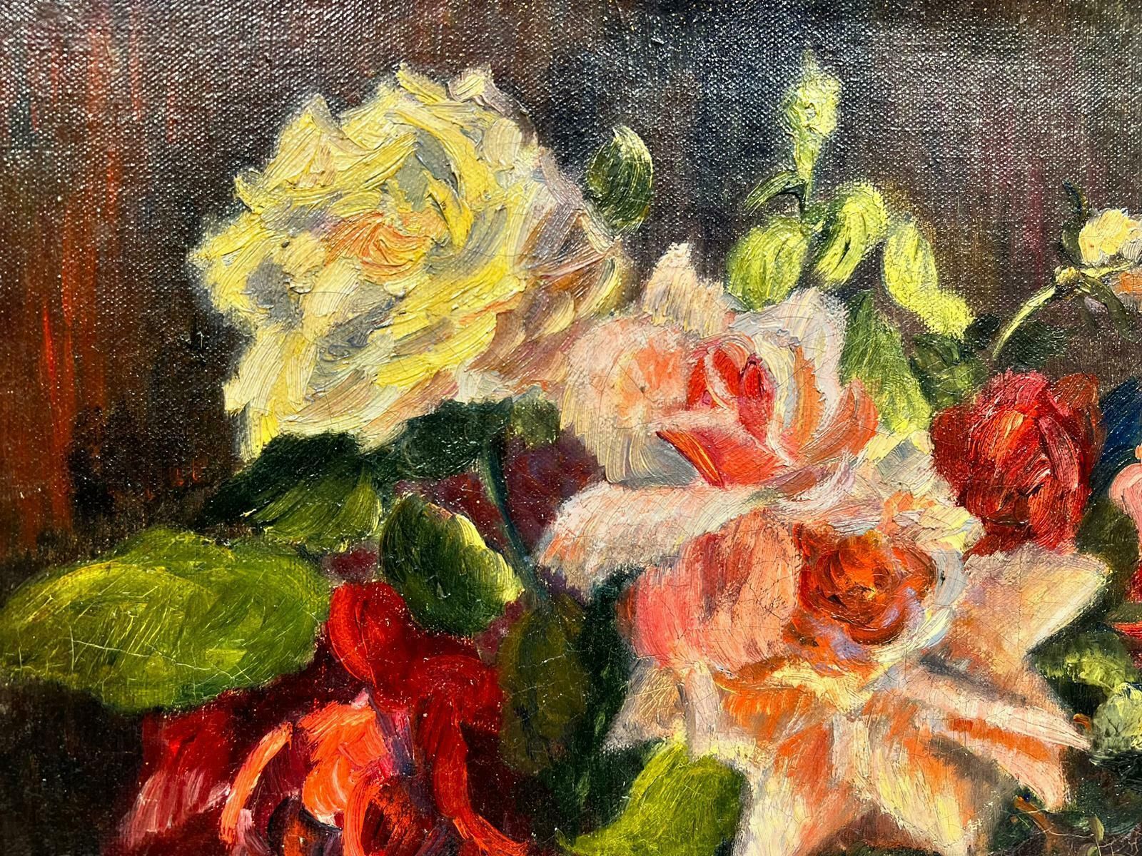 French Schoolvintage French Impressionist Signed Oil Pink & Yellow Roses In Vase1930's photo vinterior